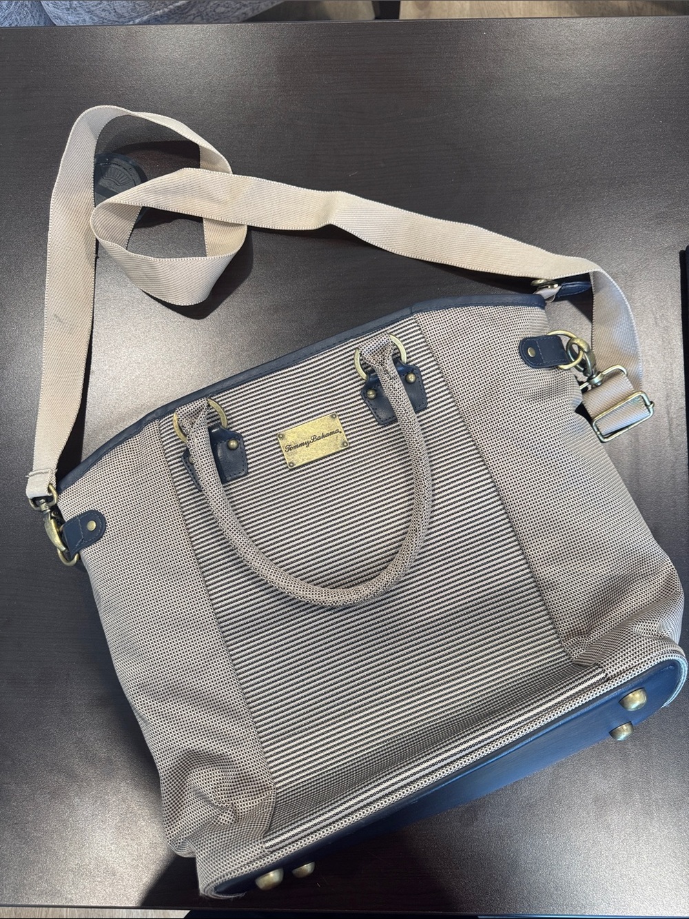 Tommy Bahama Beige Canvas Travel Tote with Navy Trim
